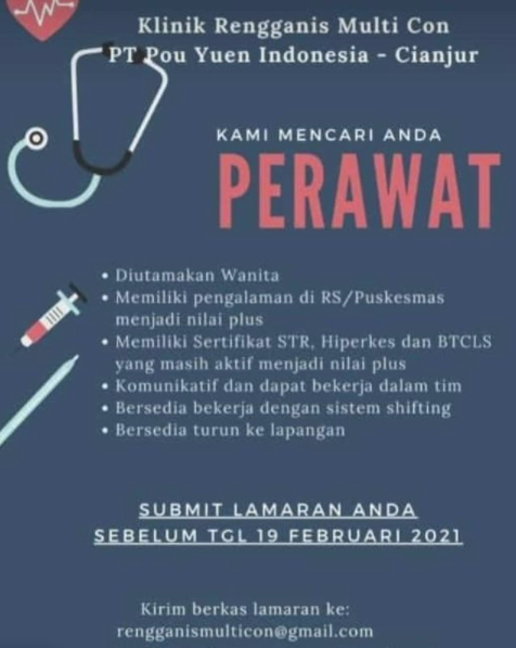 Lowongan Kerja 2021 Perawat di Klinik Rengganis Multi Con PT PYI Cianjur