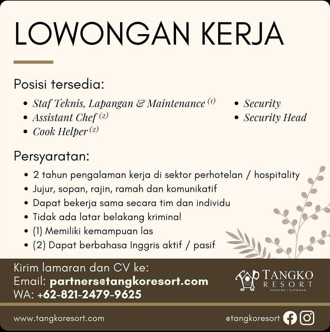 Tangko Resort Puncak Membuka Lowongan Pekerjaan